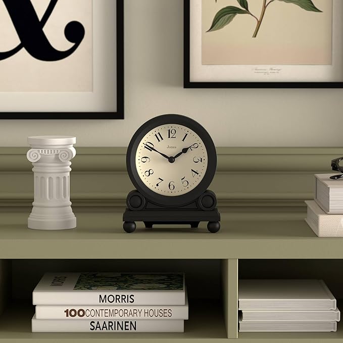 JONES CLOCKS® Maida Vale Mantel Clock | Small Traditional Desk Clock | Black | Pretty & Charming Ideal for Mantelpiece, Bookshelf or Bedside