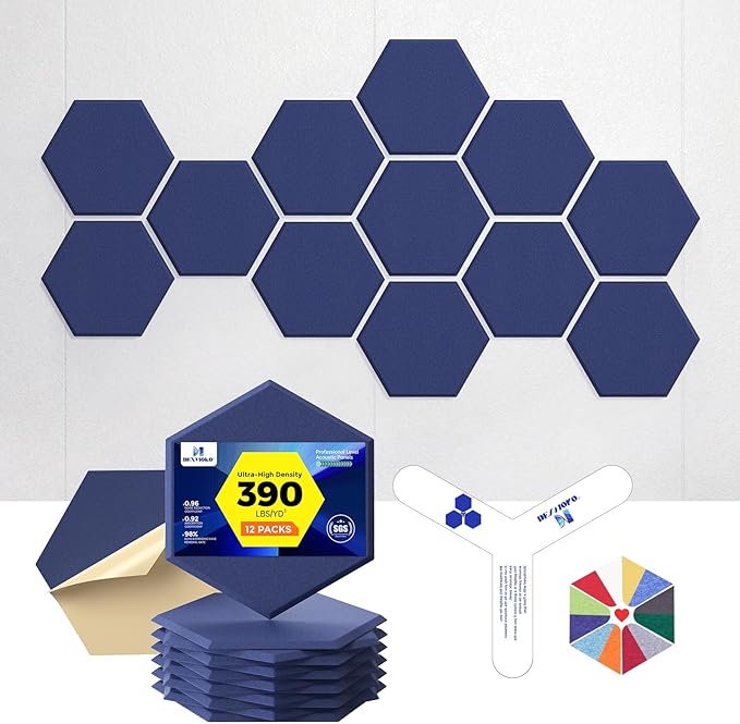 Self-Adhesive Acoustic Panels [390 lbs/yd³ Ultra-High Density], 2nd Generation Sound Absorbing Panel, Professional Level Sound Panel, Polyester Soundproof Foam [Size L, Dark Blue]