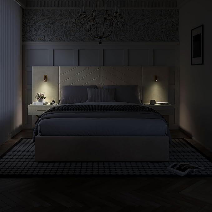 DEINPPA Luxury Queen Bed Frame with Built-in Gold LED Lights and Nightstands, Queen Size Platform Bed with Oversize Upholstered Headboard, No Box Spring Needed-Beige