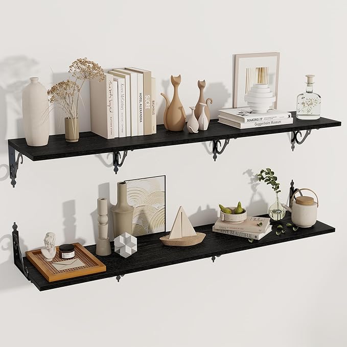 Dreamland Deep Floating Shelves, 55" W x 12" D Wall Shelves Set of 2, Wide Display Shelf Wall Mounted with Brackets, Bookshelf for Living Room, Bathroom, Bedroom, Black