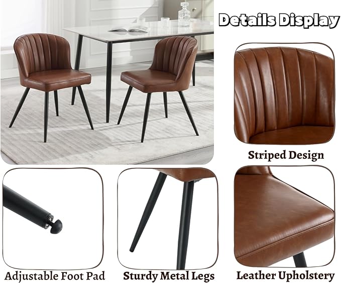 EALSON Modern Dining Chairs Set of 2 Leather Upholstered Accent Dining Room Chairs with Metal Legs Comfortable Armless Kitchen Chairs for Living Room/Dining Room, Brown
