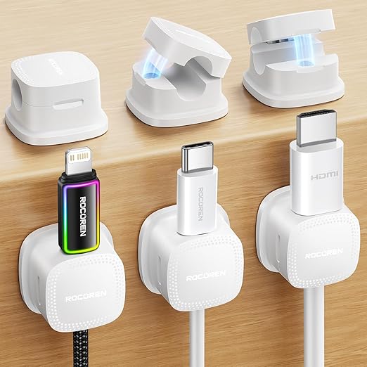 6-Pack Magnetic Cable Clips Cord Organizer-Cables Smooth Adjustable, Rocoren Desk Cable Management Accessories,Cord Holder Clips Wire Holder Keeper for Desktop,Nightstand,Home Office,Workspace,Phone