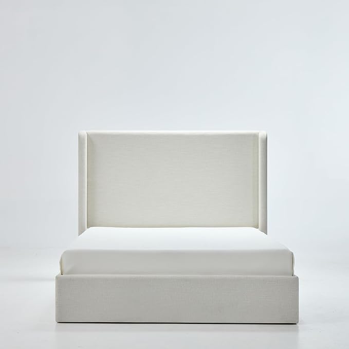 King Size Upholstered Bed Frame, Harper 54" Tall Headboard Platform Beds, Wingback Headboard Bedframes/No Box Spring Needed/Easy Assembly/Elegant Simplicit, Textured Ivory Canvas Chenille