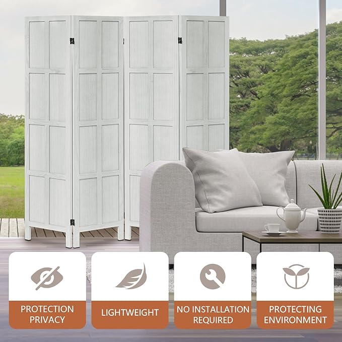Leesinwing Wood Room Divider 4 Panel Folding Privacy Screen, Classic 5.6Ft Indoor Wooden Partition, Portable Partition Wall Divider for Room Separation, Home, Office, Bedroom, Restaurant (White)