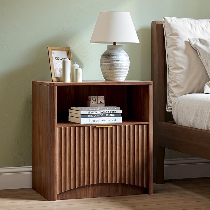 Evermagin Fluted Nightstand, Walnut Bedside Table with Drawer and Storage, Wood End Table Mid Century Modern, Large Night Stand for Bedroom