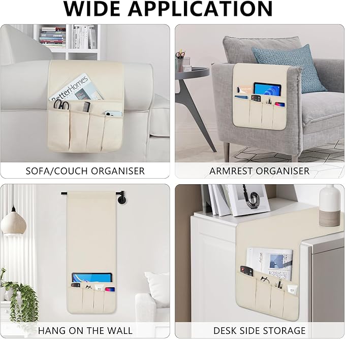 WETRBWEH TV Remote Control Holder Couch Caddy, Non-slip Bedside Caddy Organizer with 5 Pockets for Key Glasses Phone Magazine Holders (Beige, 35"x12.4")
