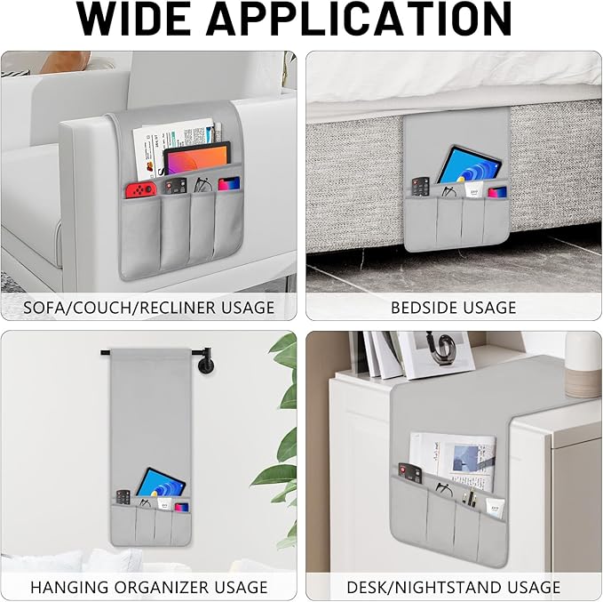 Remote Control Holder for Armchair, Couch Caddy Organizer TV Remote Holder for Bed Storage 5 Pockets, Remote Caddy Bedside Organizer Bedside Table Organizer (LightGray, 35"x12.4")