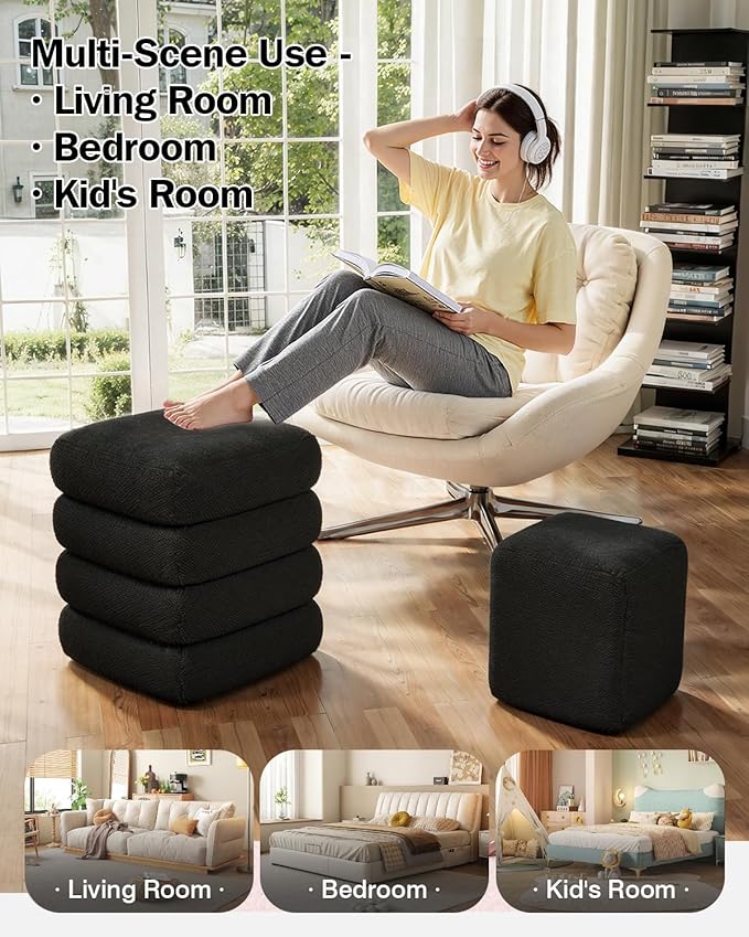 Sqare Set of 2 Sherpa Storage Ottoman Stool Boucle Vanity Stool Footstool with Removeable lid Load up to 440 lbs for Livingroom Bedroom Black UASND69B