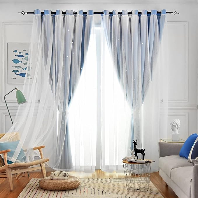 Star Blackout Curtains Double Layer Curtains Blackout Curtains for Bedroom Girls Kids Room Curtains Cute Colorful Window Nursery Curtain, 84 Inches Long, 2 Panels Set, Blue, 42 X 84 Inches