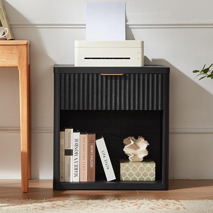 LEYAOYAO Fluted Nightstand with Charging Station, 23" Wide 1 Drawers End Table,Black Night Stand with Open Storage Cabinet, Farmhouse Bed Side Tables, Wood Dresser for Bedroom, Living Room, Closet