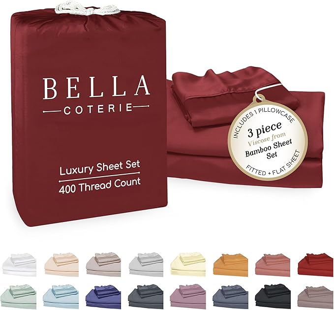 Bella Coterie Luxury Bamboo Viscose Twin XL Size Sheet Set | 100% Organically Grown | Ultra Soft | Cooling for Hot Sleepers | 18" Deep Pocket [Merlot]