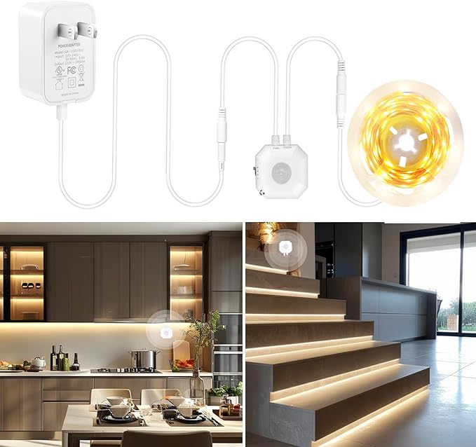 Motion Sensor LED Light Strip, 9.8 Feet Flexible Warm White Motion Activated Led Strip Lights with Adjustable Timer & UL Power Supply for Under Cabinet, Stairs, Bed Lighting Decoration.