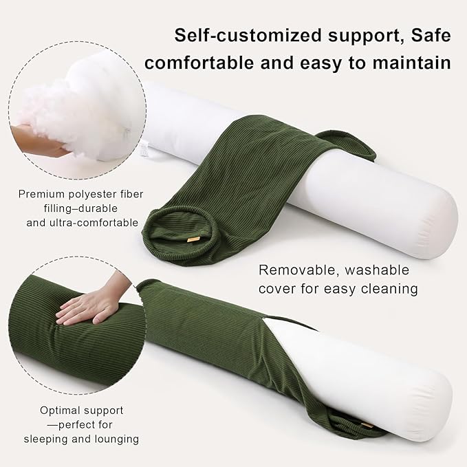 Body Pillow for Adults – Corduroy Long Round Bolster Pillow for Bed, Cuddle Pillow with Full Support for Side Sleepers & Restful Sleep,39 x 7.87 Inches,Avocado Green
