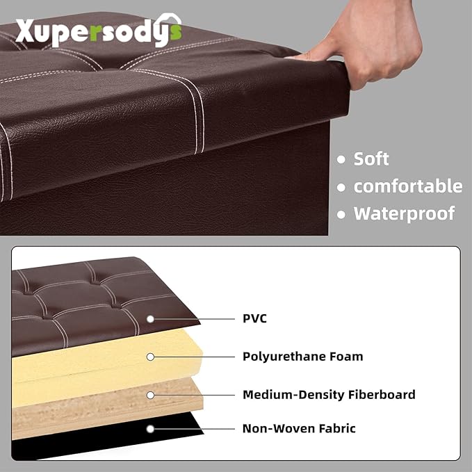 xupersodys 30 Inches Folding Storage Ottoman Bench, Faux Leather Footstool Ottoman, Storage Trunk Footrest for Bedroom, Living Room and Hallway, Support 350lbs, Brown (White line)