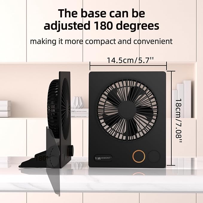 Small Desk Fan,VEMONT USB Table Fan,5000mAh Rechargeable Battery Fan,180°Tilt Folding Personal Portable Fan with Remote Control,Stepless Speed Strong Wind, Silent Hanging Fans for Home Office Desktop