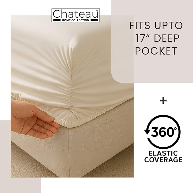 CHATEAU HOME COLLECTION 400 Thread Count Cal King Bed Sheets, 100% Egyptian Cotton Sheet & Pillowcase Sets, Soft Sateen Weave Naturally Cooling Sheets Deep Pockets Fits Upto 17"- Semolina