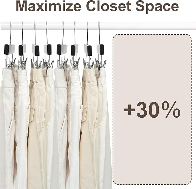BAGAIL 10 Pack Wooden Pants Hangers with Adjustable Clips, 360°Swivel Hook Space Saving Skirt Holders with Anti-Rust Clips for Trousers, Jeans, Shorts (Black)