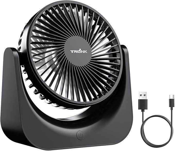 TRILINK Small USB Desk Fan – 5-Speed Mini Table Fan with Adjustable Tilt, Ultra Quiet, USB Powered, Portable Cooling Fan for Home, Desktop, Bedroom, Bed, Office, Travel, and Camping (Black)