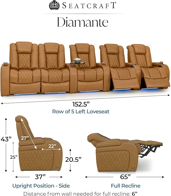 Seatcraft Diamante Zero-Gravity CoolZero Italian Leather Home Theater Seating, Power Headrest, Power Recline, Row of 5 Left Loveseat, Tan Oak