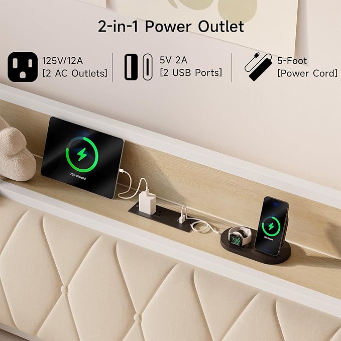 ONBRILL Twin Daybed with Trundle, Twin to King Daybed with Pop up Trundle, Metal Twin Day Bed Frame with Storage Drawers, Upholstered Headboard & Power Outlet for Living Room & Guest Room, White