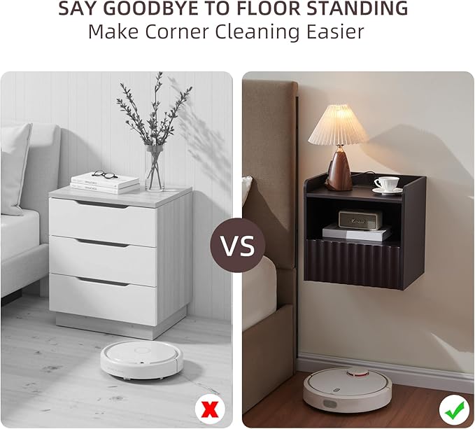 Modern Fluted Floating Nightstand Wall Mounted Set of 2- Bedside Table with Storage Drawer & Display Shelf, Minimalist Bedroom Furniture for Studio Apartments(Espresso)