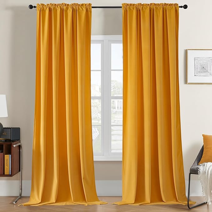 Joydeco Yellow Velvet Curtains 120 inch Length 2 Panels, Luxury Blackout Rod Pocket Thermal Insulated Window Curtains, Super Soft Room Darkening Drapes for Living Dining Room Bedroom,W52 x L120 inches