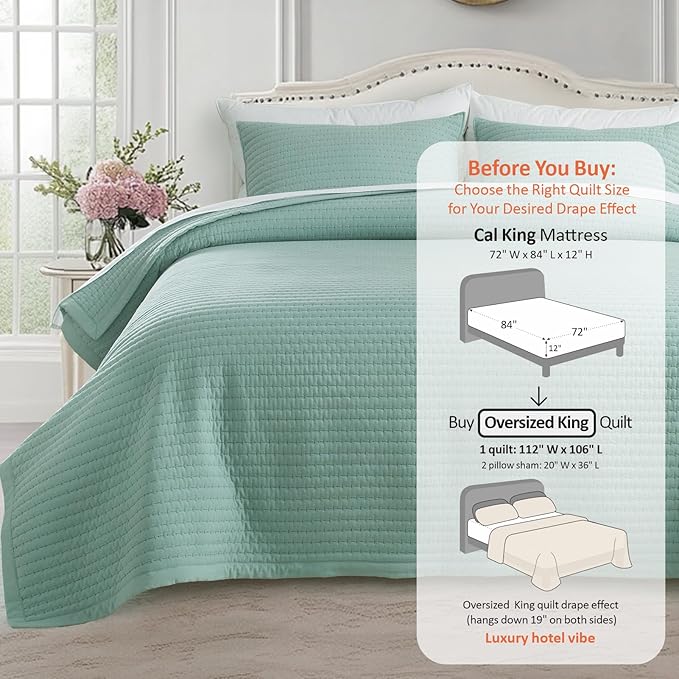 Oversized King Quilt Set 112"x106" – Soft Washed 3-Layer Lightweight California King Bedspread, Minimalist Nordic Design, All-Season Spring & Summer Quilt Set (1 Quilt + 2 Pillow Shams), Green