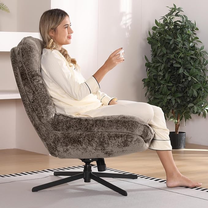 1 Pack 360°Free Swivel Accent Chair for Living Room, Slightly 20°Rocking, 24" High Backrest Upholstered Armchair, Ergonomic Design, Chenille Breathable Soft Fabric Modern Single Sofa, Brown