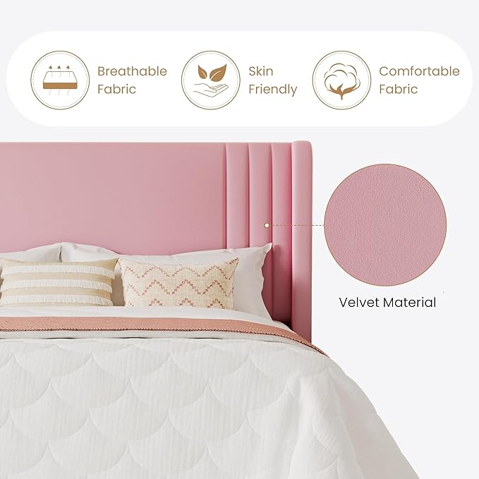 SHA CERLIN King Size Velvet Upholstered Platform Bed Frame with Vertical Channel Tufted Wingback Headboard, Wooden Slats Support, Easy Assembly, Under Bed Storage, No Box Spring Required, Pink