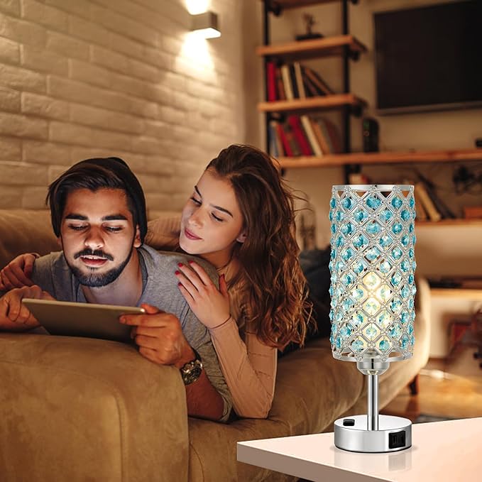 Hong-in Blue Crystal Lamp Touch Control Set of 2, Crystal Table Lamps with USB C+A Ports & AC Outlet, 3-Way Dimmable Nightstand Touch Lamp, Modern Bedside Table Lamp for Bedroom(Bulbs Included)