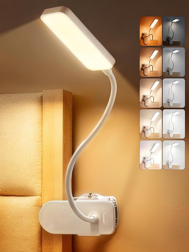 Clip on Lamp,9 Brightness+5 Color Clamp Light,4000mAh Battery Rechargeable Desk Lamp with Clamp,450 Lumen 48 LED Desk Light,Cordless Clip on Reading Lights for Bed/Headboard/Bedside Table