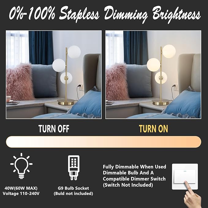 Modern Glass Globe Table Lamp 3 Lights Mid Century Small Gold Desk Lamp Contemporary Minimalist Brass Bedside Table Lamps with White Glass Shade Reading Lamp for Bedroom Office G9 MTL03-W