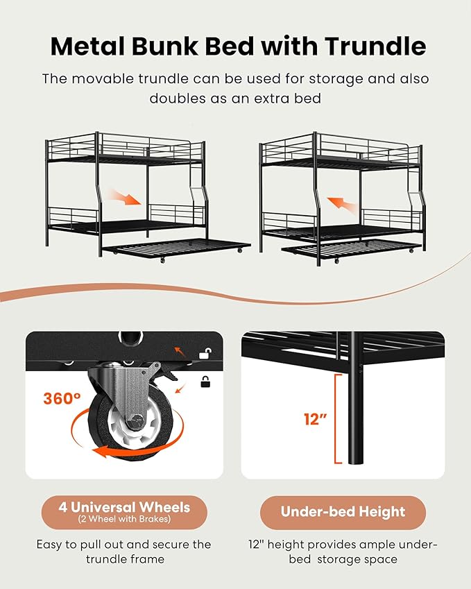 Full XL Over Queen Bunk Bed with Trundle, Heavy-Duty Queen Bunk Bed with with Safety Ladder and Full-Length Guardrail, Convertible to 3 Beds for Teens and Adults, Black