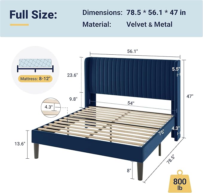 Allewie Full Size Velvet Bed Frame/Vertical Channel Tufted Wingback Headboard/Upholstered Platform Bed/Strong Wooden Slats/No Box Spring Needed/Easy Assembly/Blue
