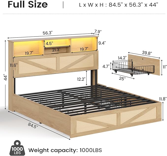 AOGLLATI Full Size Bed Frame with 4 Storage Drawers and Natural Rattan 2-Tier Bookcase Hidden Headboard, Boho Led Bed Frame Full Size with Charging Station, No Box Spring Needed, Wood