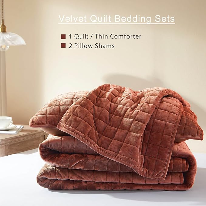 LEAONME Velvet Quilt King Size-98''x106'', Lightweight Burnt Orange Velvet Comforter Set with 2 Pillow Shams, Soft Bedspread Coverlet Quilted Bedding Set for All Season