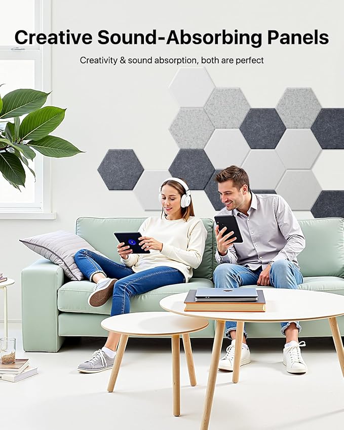 18 Pack Hexagon Acoustic Panels, Self-Adhesive Soundproof Wall Panels, High Density Acoustic Wall Panels, Sound Proofing Panels for Walls, Office, Reccording Studio, Ceiling 12" X 10" X 0.4" White