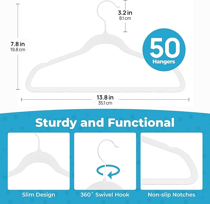 Fontaines Luxury Kid's White Velvet Felt Non Slip Clothes Hangers 50 Pack - Ultra Slim & Space Saving - Heavy Duty Swivel Black Hook for Children's Clothing, Shirt, Dress, Skirt & Pants Organization