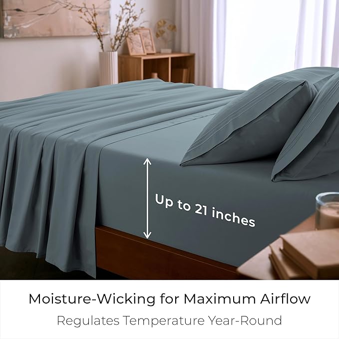 Mellanni Full Sheet Set - 6-Piece Iconic Collection Bedding, (Including 4 Pillowcases), 21-Inch Extra Deep Pocket, Easy Care, Ultra Soft, Cooling Sheets, Brushed Microfiber - Spa Blue