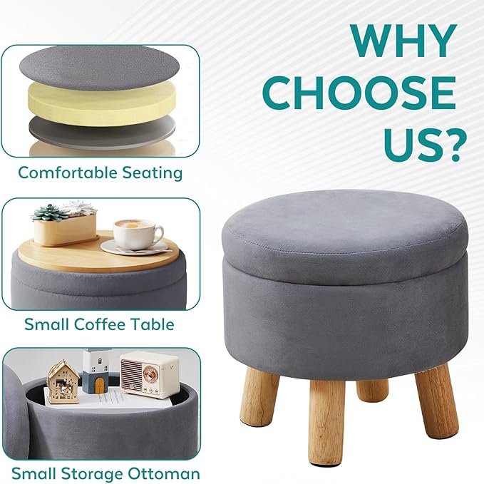 FIMIVIBI Small Foot Stool Ottoman with Storage, Velvet Ottoman Foot Rest for Couch, Round Footstool with Storage, Small Ottomans and Footstools for Living Room and Entryway (Gray)