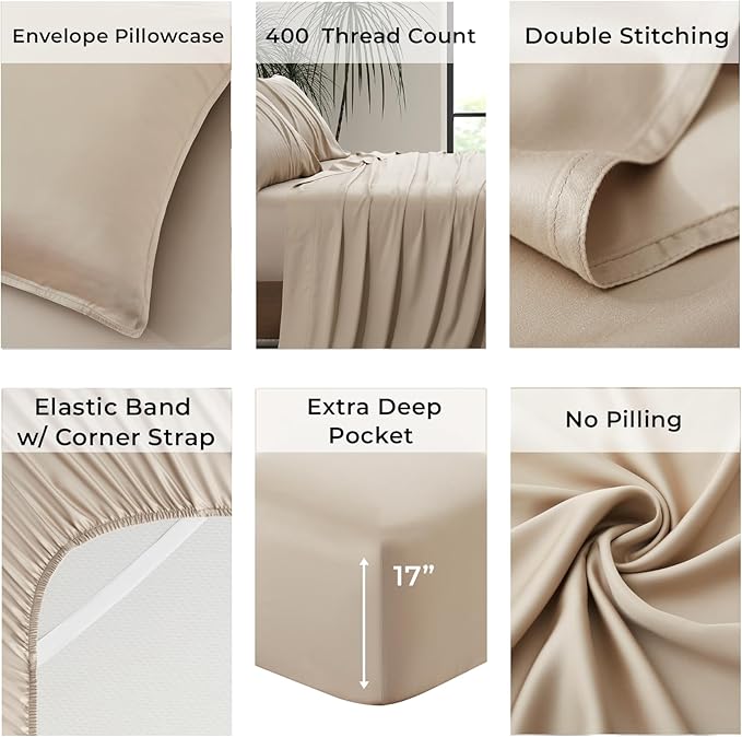 Luxury Bamboo Market | King Size Bed Sheet Set | 100% Viscose Made from Bamboo | Organically Grown | Ultra Soft | Cooling Sheets for Hot Sleepers | 17" Deep Pocket [Dune]