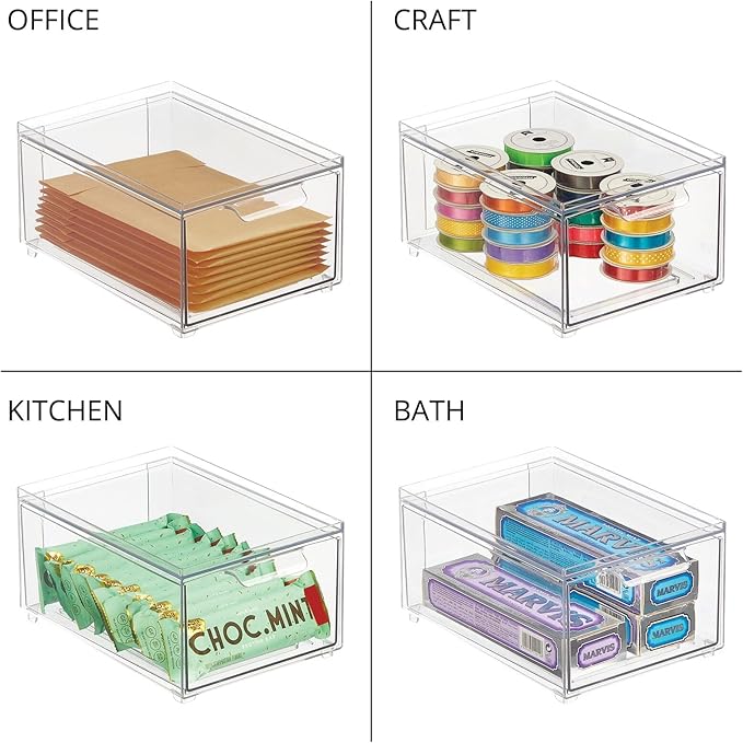 mDesign Stackable Storage Containers Box with 2 Pull-Out Drawers - Stacking Plastic Drawer Bins for Closet Organization, Linen, Coat, Bedroom or Entryway Closets - Lumiere Collection - 2 Pack - Clear
