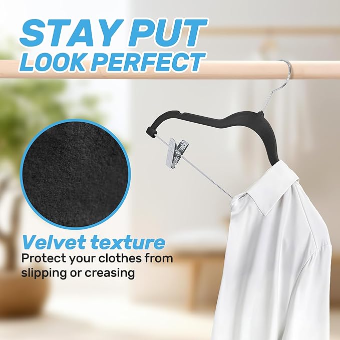 20 Pack Velvet Pants Hangers with Adjustable Clips, Heavy Duty Slim Non-Slip Flocked Hangers, Space-Saving Felt Clothes Hangers for Pants, Skirts, Jeans, and Dresses(Black)