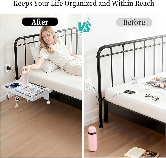 Foldable Bedside Shelf, Metal Clip-On Bed Tray Table for Bunk Bed & Dorm Beds, Dorm Room Essentials Organizer for College Students, Floating Tray, Space Saving Nightstand for Loft Beds (White, Large)