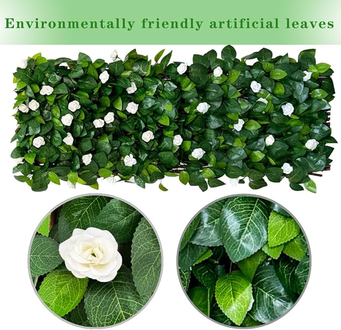 BYBAG Expandable Faux Ivy Fence Privacy Screen for Patio Outdoor Balcony Bedroom Decor,Artificial Leaf Wall Decoration Fencing Panel(Single Sided Leaves) (2, whiteflower)