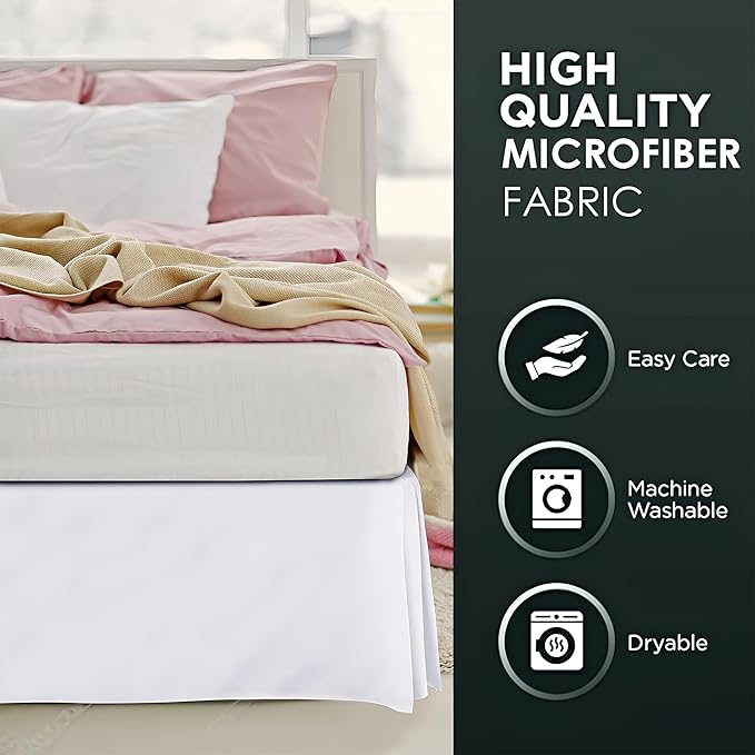 Pleated Bed Skirt King Size, 14" Drop with Platform Design for Secure Fit, Split Corners, Wrinkle-Resistant Microfiber for Modern Stylish Look, Tailored Bedding for Hotel Luxury - White