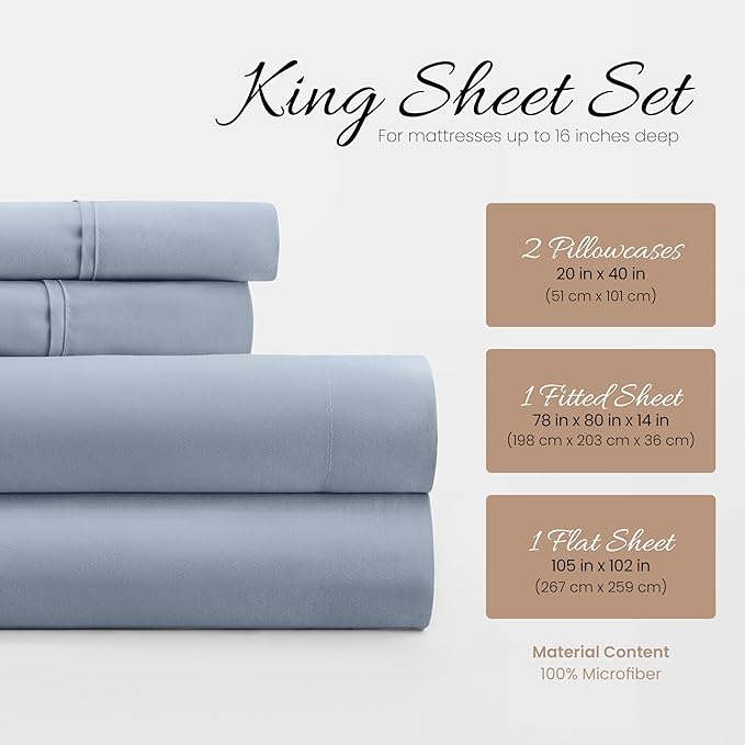 Linen Market Double-Brushed Microfiber King Sheet Set 4 Piece – Oeko-TEX Certified Ultra Soft & Wrinkle-Free - 16" Deep Pocket Sheets - Easy Care King Size - Light Blue