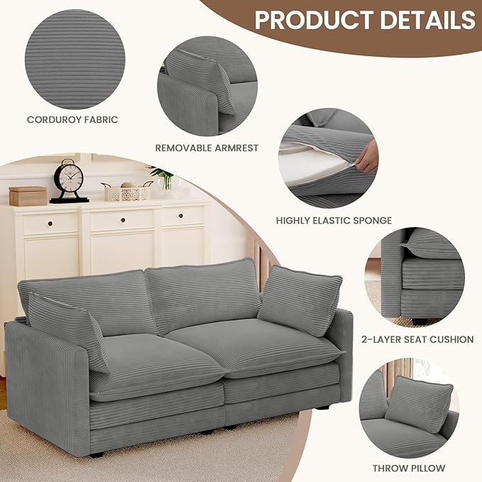 ROWHY 78'' Sectional 2 Seat Cloud Loveseat with 2 Throw Pillows, Modern Corduroy Love Seat, Convertible Cozy Sofa for Living Room, Bedroom and Office, Dark Grey