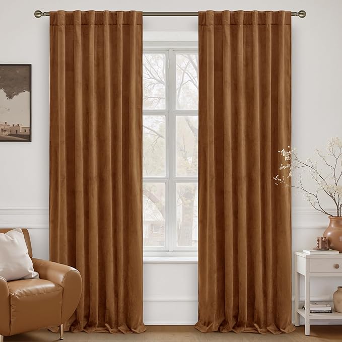 LAMIT Bronze Brown Velvet Curtains for Living Room 102 Inches Long, Mid Century Thermal Blackout Curtains Room Darkening Back Tab and Rod Pocket Panels for French Country, 2 Panels, 52 x 102 Inch