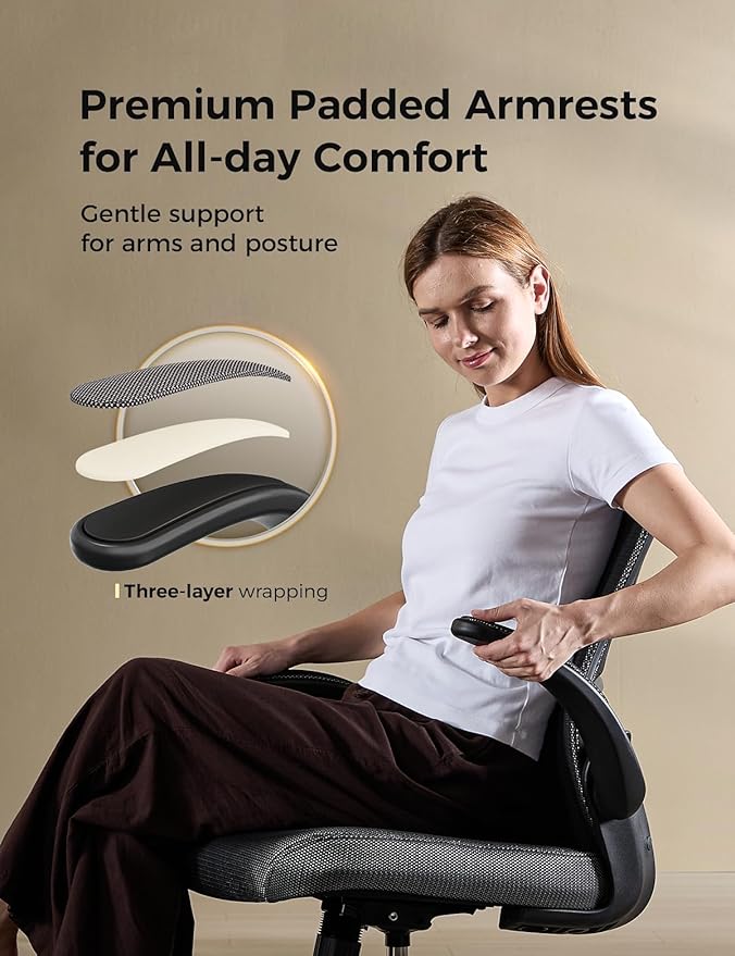 Office Chair, Mesh Ergonomic Desk Chairs, Comfy Computer Gaming Chair with Adjustable Height & Flip-up Armrest, Lumbar Support & Swivel Function for Home Office (Black)
